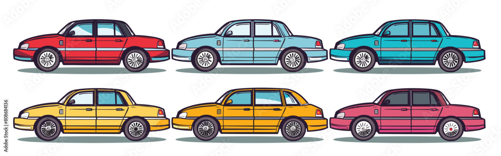 Retro sedans different colors side view, collection classic cars, vintage vehicles isolated white background. Red sedan, blue car, yellow taxistyle sedan, oldfashioned automotive design