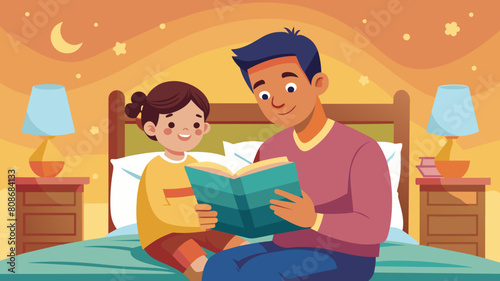 Reading Books and Telling Stories Together: Man and Girl in Bed. Perfect for: Father's Day, Children's Day, World Read Aloud Day, Bedtime Stories, Family Reading Time, Cozy Moments.