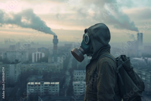 A person wearing a gas mask in a polluted cityscape #808684714