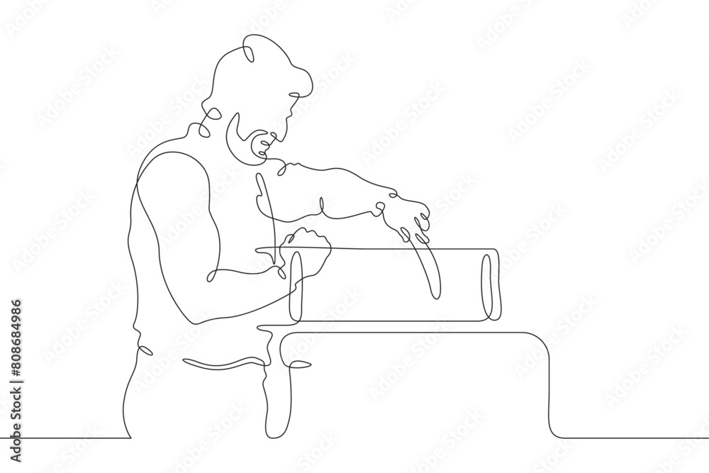 A joiner at work. A carpenter works with a tool on wood. Woodworking. Wood carver. One continuous line. Line art. Minimum one line. White background. One line drawing.