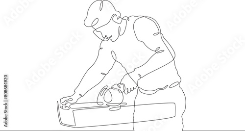 A joiner at work. A carpenter works with a tool on wood. Woodworking. Wood carver. One continuous line. Line art. Minimum one line. White background. One line drawing.
