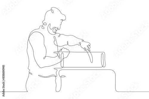 A joiner at work. A carpenter works with a tool on wood. Woodworking. Wood carver. One continuous line. Line art. Minimum one line. White background. One line drawing.