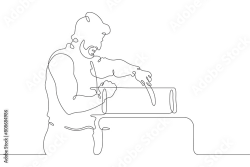 A joiner at work. A carpenter works with a tool on wood. Woodworking. Wood carver. One continuous line. Line art. Minimum one line. White background. One line drawing.