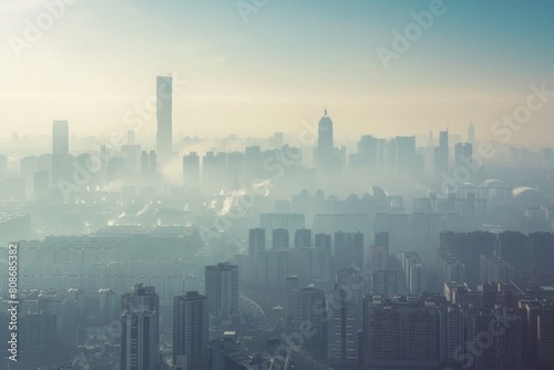 city skyline by thick smog