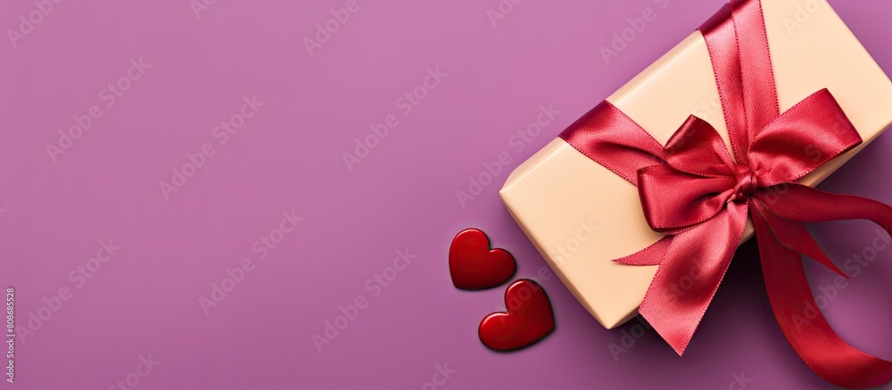 Top view of a gift box with a red ribbon bow heart and car key on a purple background creating a visually appealing copy space image Top view of a gift box with a red ribbon bow heart and car key on a purple background creating a visually appealing copy space image