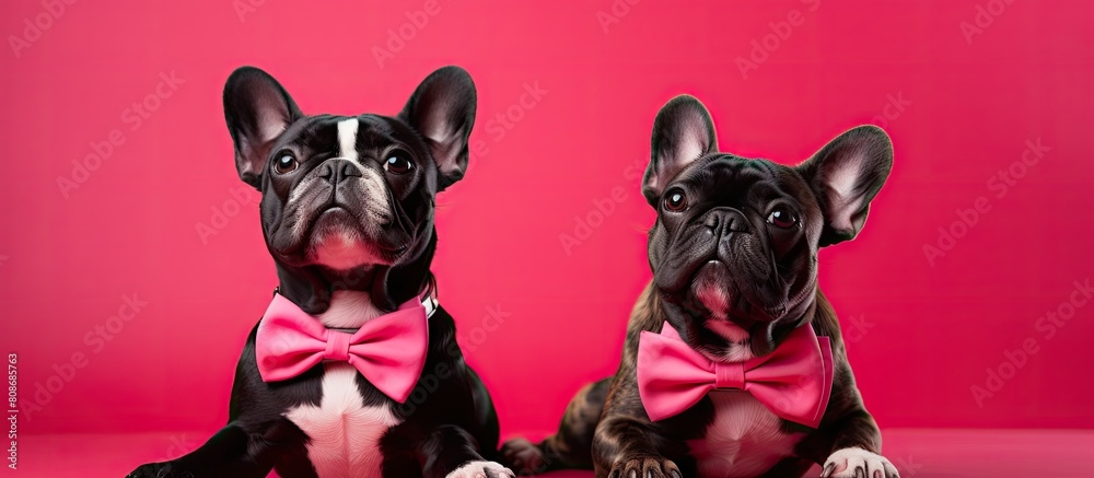 Two French Bulldogs adorned in red collars and bowties panting gaily while sticking out their tongues against a vibrant pink backdrop plenty of copy space image Two French Bulldogs adorned in red collars and bowties panting gaily while sticking out their tongues against a vibrant pink backdrop plenty of copy space image