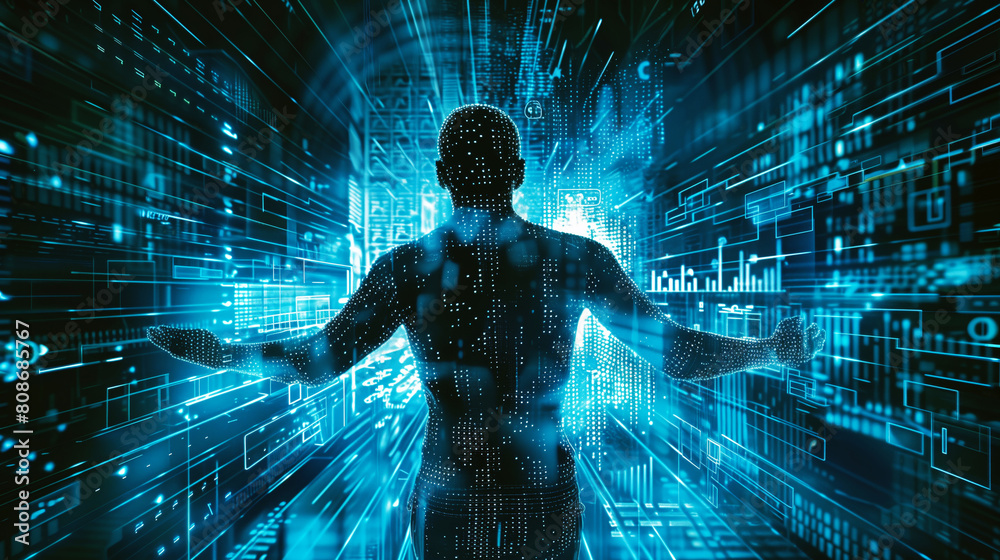 Digital human figure expanding arms in a dynamic, data-driven cyber environment that symbolizes advanced technology. Digital human figure expanding arms in a dynamic, data-driven cyber environment that symbolizes advanced technology.
