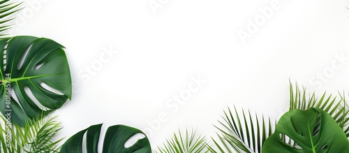 Hello summer This stylish flat lay features green monstera leaves on a white wooden background offering plenty of copy space for text It embodies the concepts of zero waste eco friendliness and spa a