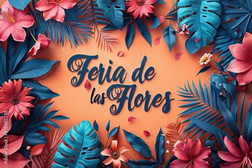 Blooming festivity: feria de las flores highlighted amidst a riot of colorful blossoms, text harmoniously blending with the floral landscape, joy and splendor. photo