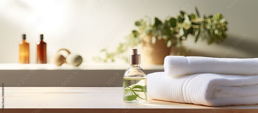 Bathroom countertop with a natural face roller towels and serum Ample space available for text alongside the image Bathroom countertop with a natural face roller towels and serum Ample space available for text alongside the image