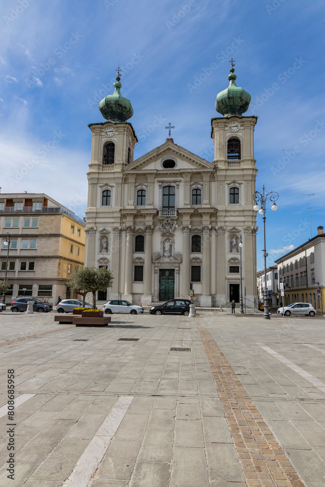 City of Gorizia, Piazza della Vittoria with the Church of Sant'Ignazio and the fountain. The beautiful streets and the castle behind them are a trace of history. Cultural Heritage Capital 2025.