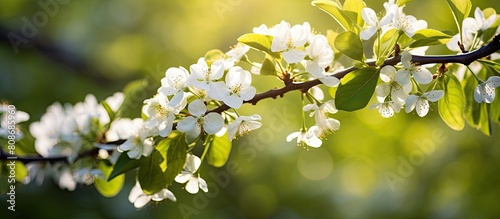 A serene spring day with a white blossomed apple branch set against a vibrant green backdrop of nature under the warm sun with a blurred background adds a pleasing copy space image © Ilgun