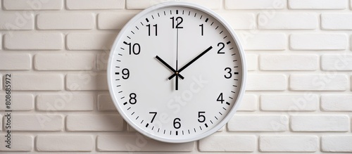 A white clock is hanging on a white brick wall creating a simple design and decoration for the background. Copy space image. Place for adding text and design