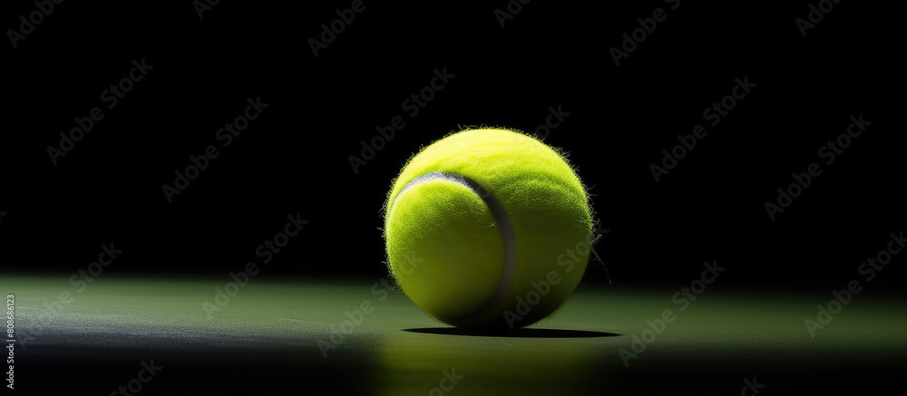 A tennis ball is lying on a black surface creating a simple and visually appealing image with space for text or other elements. Copy space image. Place for adding text and design