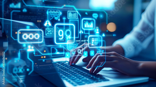 Futuristic workstation concept with user interface projections over digital devices, highlighting cybersecurity analytics.