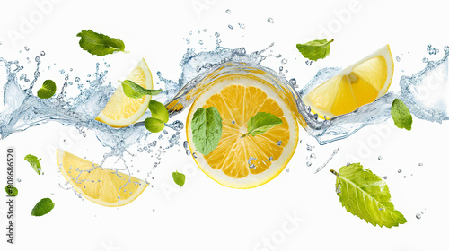 Citron, éclaboussure d'eau citronnée isolée sur fond blanc et feuillage de menthe volant  photo