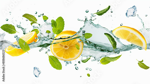 Citron, éclaboussure d'eau citronnée isolée sur fond blanc et feuillage de menthe volant 