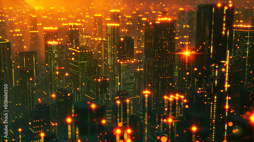 Futuristic cityscape glowing with warm digital lights, reflecting advanced techno urban skyline.