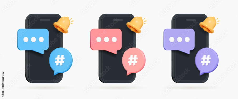 3D Mobile phone with speech bubble message and bell notification. Online communication. Comments thread mention or user reply. Social media chat. Cartoon creative design icons. 3D Vector illustration 3D Mobile phone with speech bubble message and bell notification. Online communication. Comments thread mention or user reply. Social media chat. Cartoon creative design icons. 3D Vector illustration