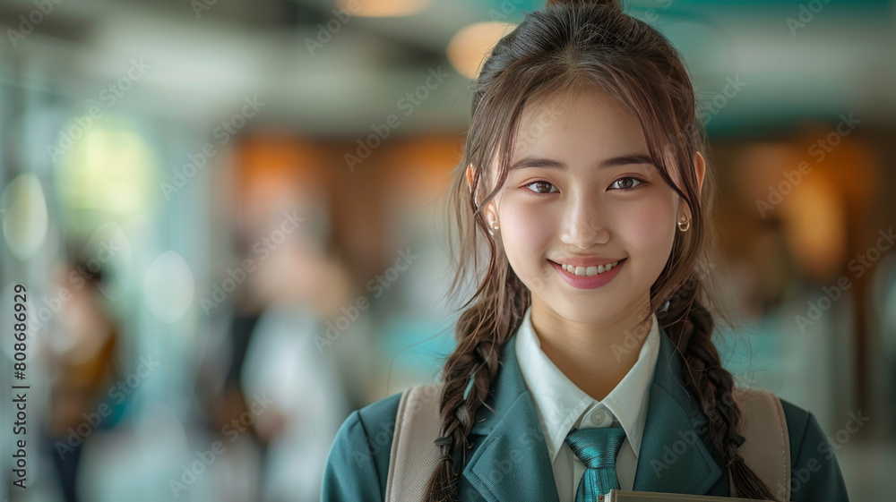 Obraz premium happy teenage high school asian girl wearing school uniform smiling holding a book in the class room ,generative ai