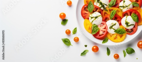 A fresh and colorful caprese salad from Italy is artfully arranged in a white bowl on a white concrete surface It features creamy mozzarella fragrant basil and vibrant tomatoes in red green and orang