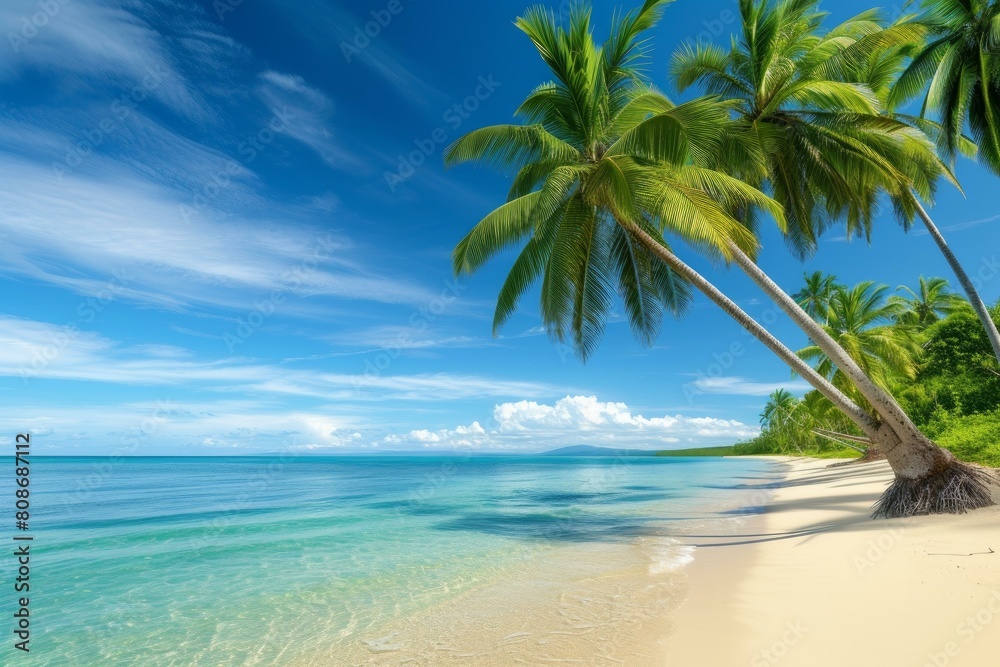 Sandy Beach with palm trees. Landscape sunset. Generate Ai Sandy Beach with palm trees. Landscape sunset. Generate Ai