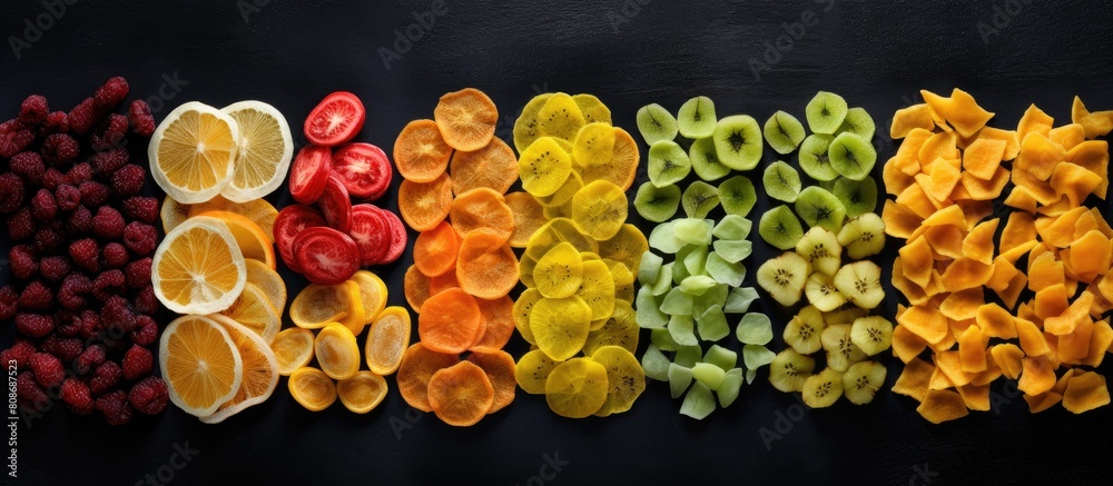 A variety of fruit chips are scattered on a black background representing the concept of healthy and balanced nutrition The top view provides a clear image with copy space A variety of fruit chips are scattered on a black background representing the concept of healthy and balanced nutrition The top view provides a clear image with copy space