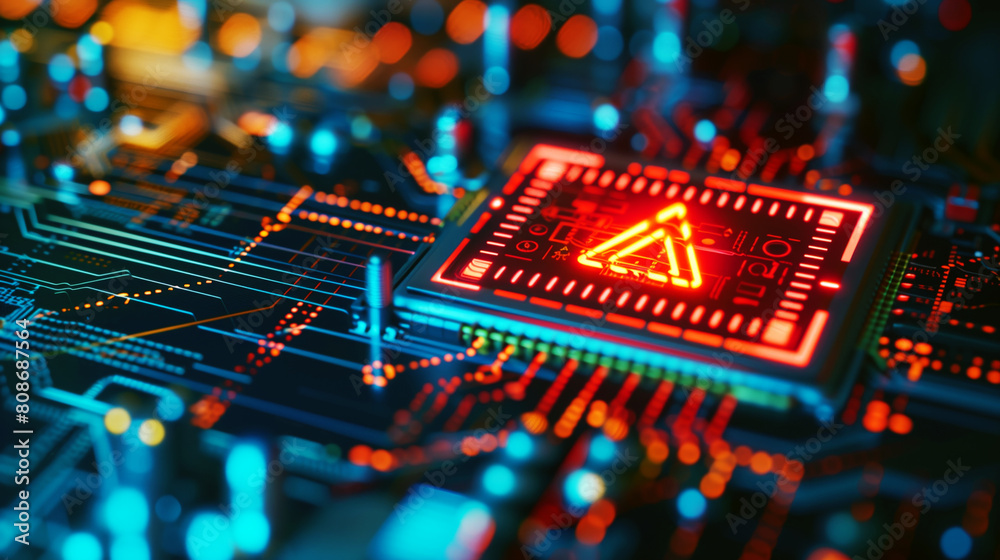 Digital representation of cybersecurity warning on circuit board with glowing alert symbol.