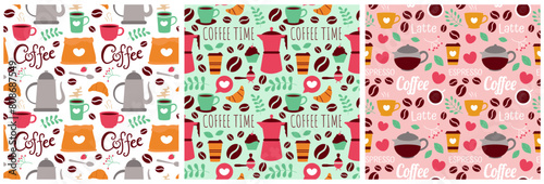 Coffee Time Seamless Pattern Design With Cacao Beans, Grains and Jug in Cartoon Flat Illustration