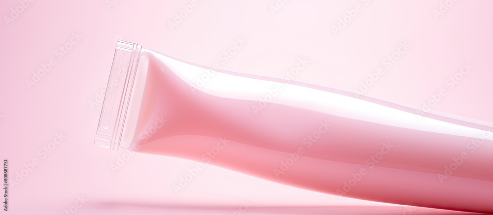 A pastel pink cosmetic tube on a background of the same tone forming a body care and beauty concept. Copy space image. Place for adding text and design A pastel pink cosmetic tube on a background of the same tone forming a body care and beauty concept. Copy space image. Place for adding text and design
