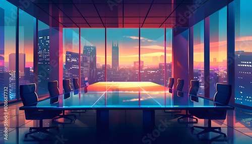 Clipart of a sleek conference room with a panoramic city view hosting a high stakes negotiation bet Generative AI photo