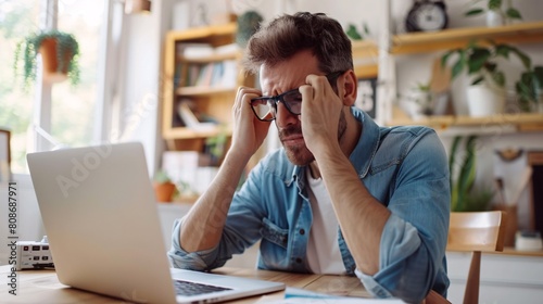 Weary man experiencing discomfort from strained eyes, wearing glasses and rubbing irritated, fatigued eyes while using a laptop at home.