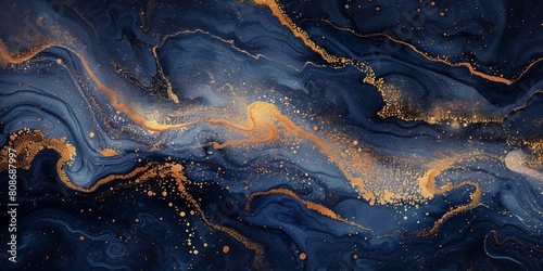 Beautiful Navy Blue Paint Swirls with Gold Powder. Modern Marbling Background.