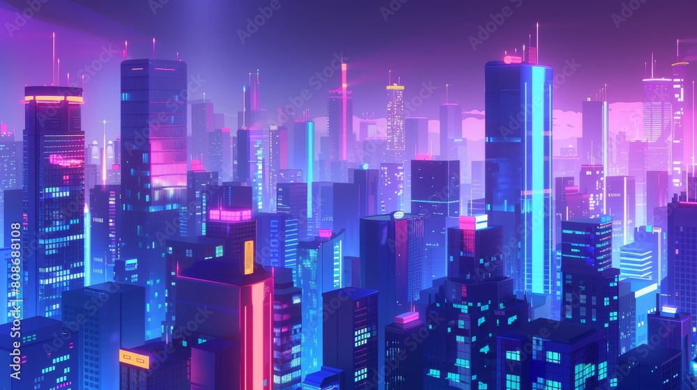 A rooftop view of night cityscape with neon lights. Modern megalopolis architecture, apartment buildings and colorful skyscrapers. Modern illustration of a big city life in the darkness.