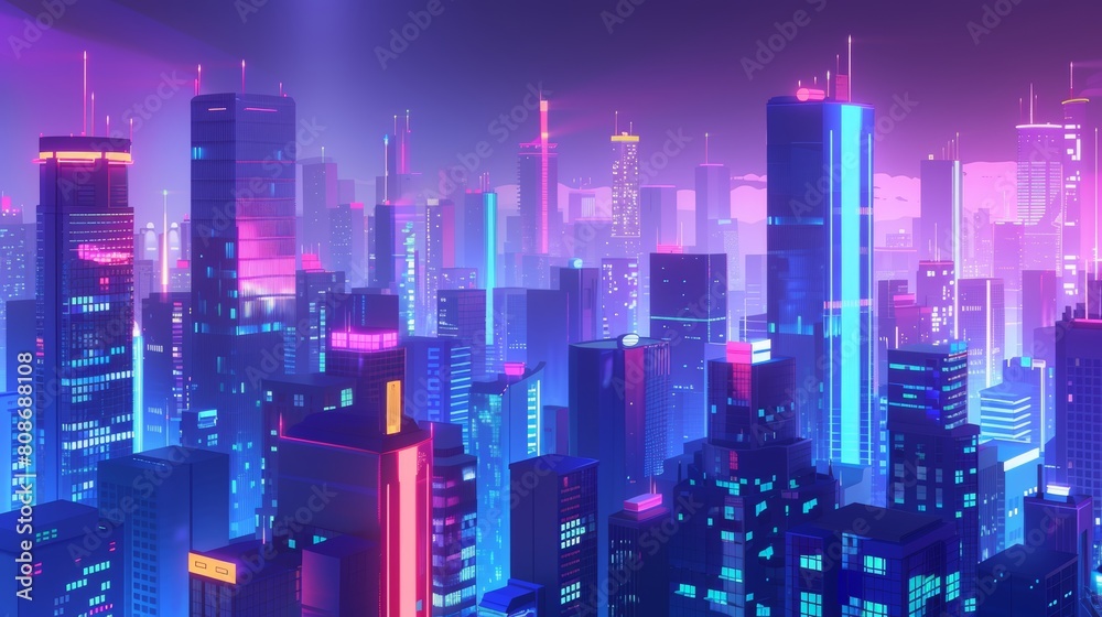 A rooftop view of night cityscape with neon lights. Modern megalopolis architecture, apartment buildings and colorful skyscrapers. Modern illustration of a big city life in the darkness. A rooftop view of night cityscape with neon lights. Modern megalopolis architecture, apartment buildings and colorful skyscrapers. Modern illustration of a big city life in the darkness.