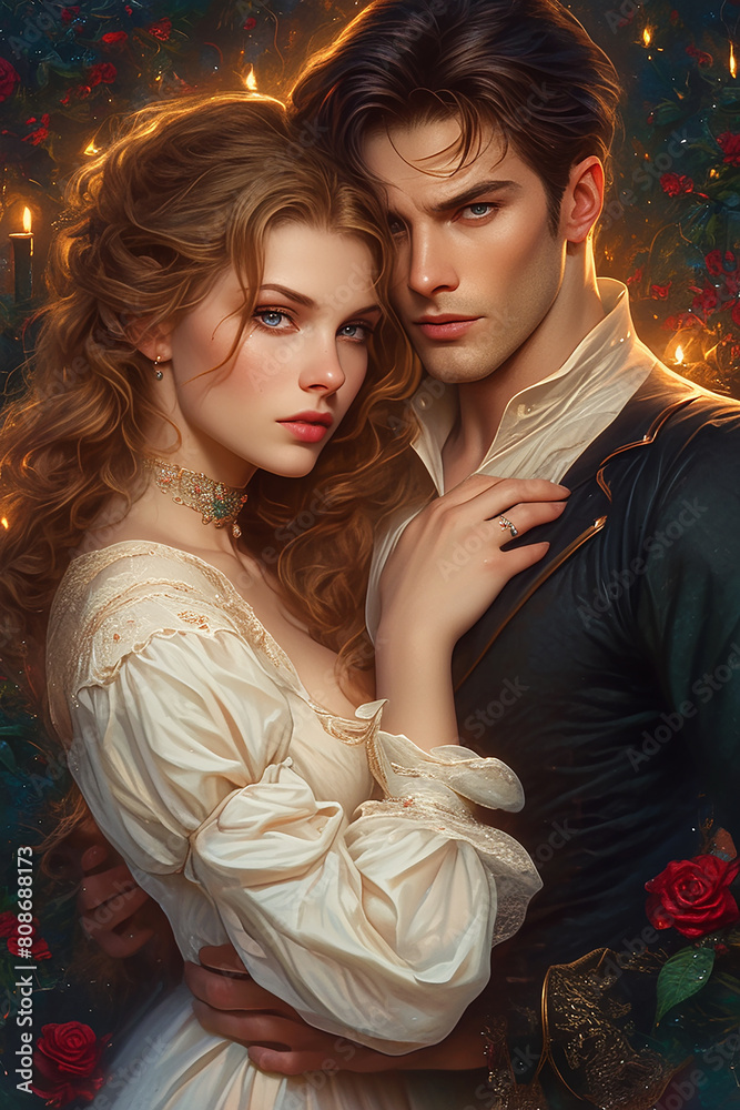 Beautiful fantasy couple, aristocrats, drawing, digital processing, magic, Victorian style, realistic photos, enemies and lovers, night, flowers, castle, garden