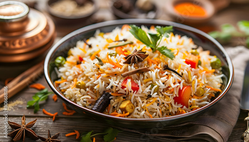 Clipart of a plate of aromatic Indian biryani with basmati rice and spices ar7 4 v6 0 Generative AI