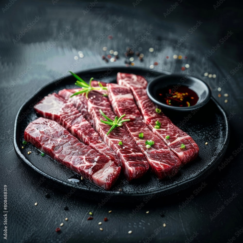 Asian bbq wagyu beef slices with copy space, traditional chinese japanese korean raw steak Asian bbq wagyu beef slices with copy space, traditional chinese japanese korean raw steak