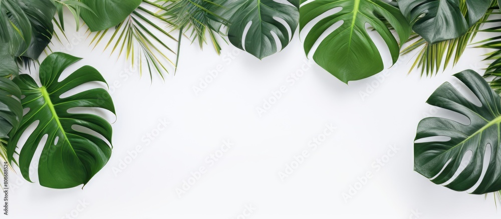 A trendy tropical wallpaper with a frame border featuring green monstera leaves on a white wooden table It serves as an exotic floral template with a patterned background and ample copy space for tex