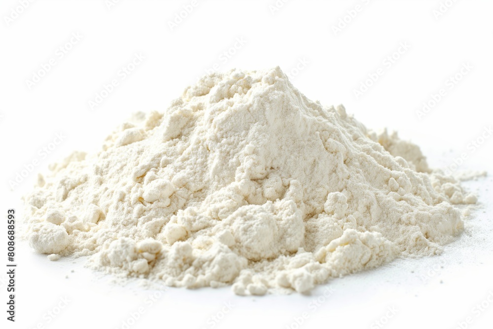 Close-up view of a mound of fine white flour isolated on a white background, symbolizing baking and cooking ingredients