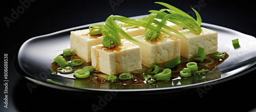 Chilled tofu with garnishes of green onion and ginger presented in a visually appealing copy space image photo