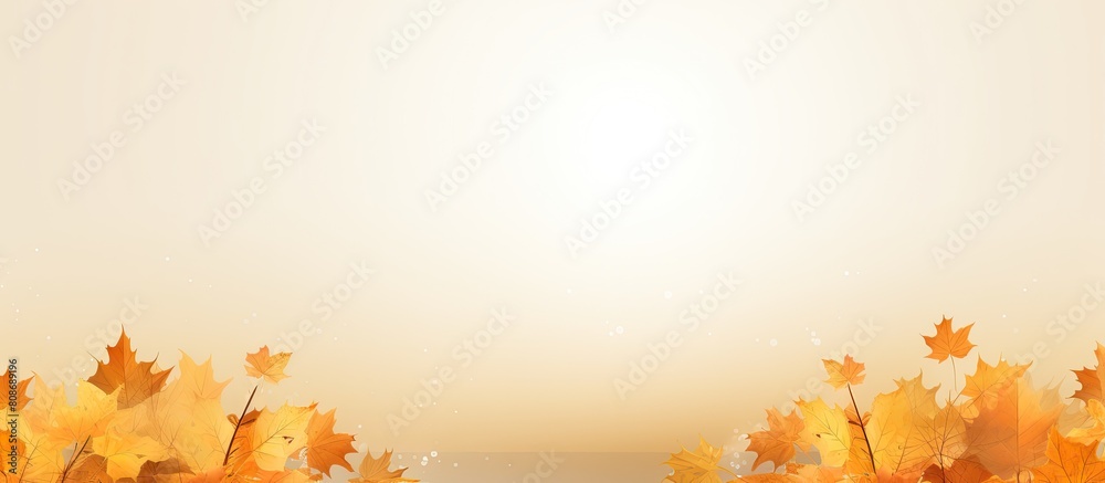 Fototapeta premium A stunning autumn scene with yellow leaves a blank area for writing in the middle of a beige background Represents the joyful season of Autumn and the celebration of Thanksgiving. Copy space image