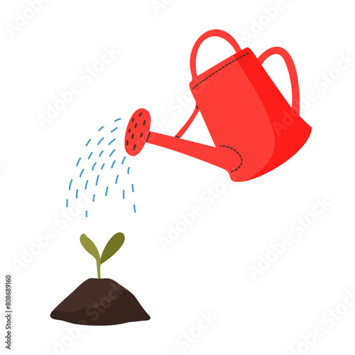 Vector red watering can isolated on a white background. Gardening tools. Seedlings are watered from a watering can.