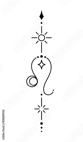 Leo zodiac sign and symbol blackwork tattoo. Sacred geometry horoscope tattoo design, mystic symbol of constellation. New school dotwork, line art minimalist style tattoo. Boho design.