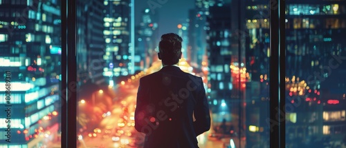 View of Down Town Street with Skyscrapers at Night during the Late Evening. Successful Businessman Looking Out of The Window on a Late Evening. Modern Hedge Fund Investor. An urban view of downtown