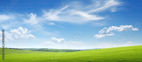 Green field with open blue sky and clouds perfect for copy space image