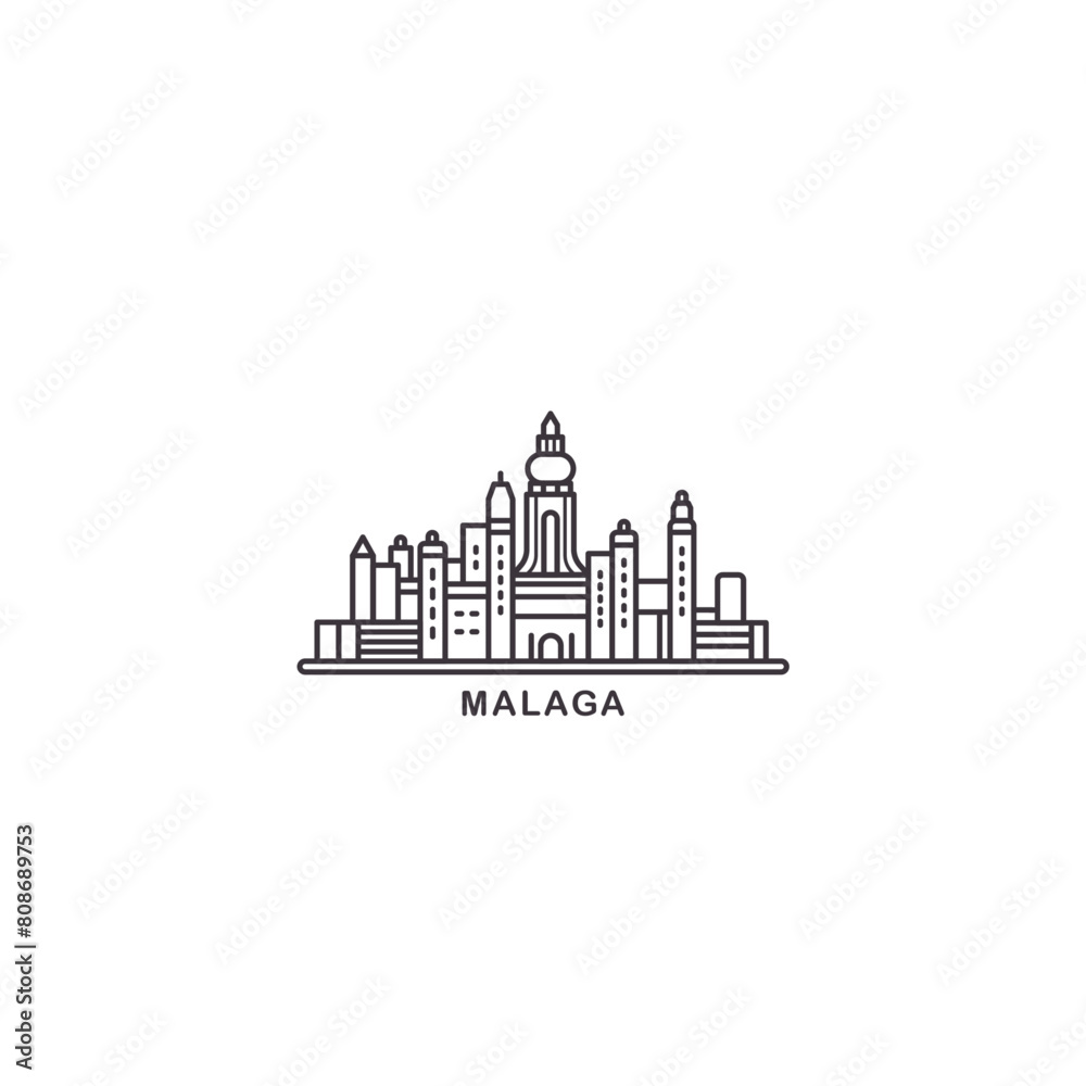 Malaga cityscape skyline city panorama vector flat modern logo icon. Spain, Andalusia town emblem idea with landmarks and building silhouettes. Isolated thin line black graphic