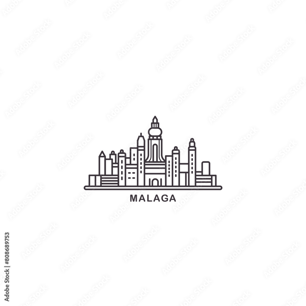 Fototapeta premium Malaga cityscape skyline city panorama vector flat modern logo icon. Spain, Andalusia town emblem idea with landmarks and building silhouettes. Isolated thin line black graphic