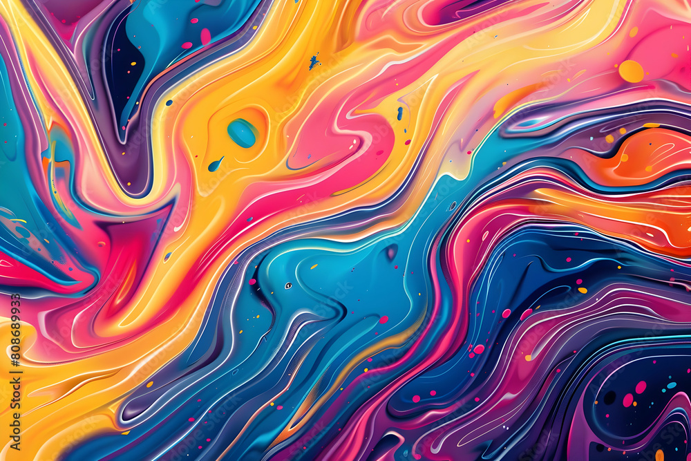 Vibrant and dynamic liquid paint swirls create an abstract background with a touch of psychedelic color palette