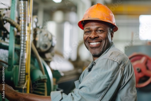 factory worker smiles while operating a machine that has been retrofitted for energy efficiency, showcasing sustainable production practices.